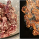 What the beef looks like after adding egg white and corn starch (left), beef gettin’ crispy (right)